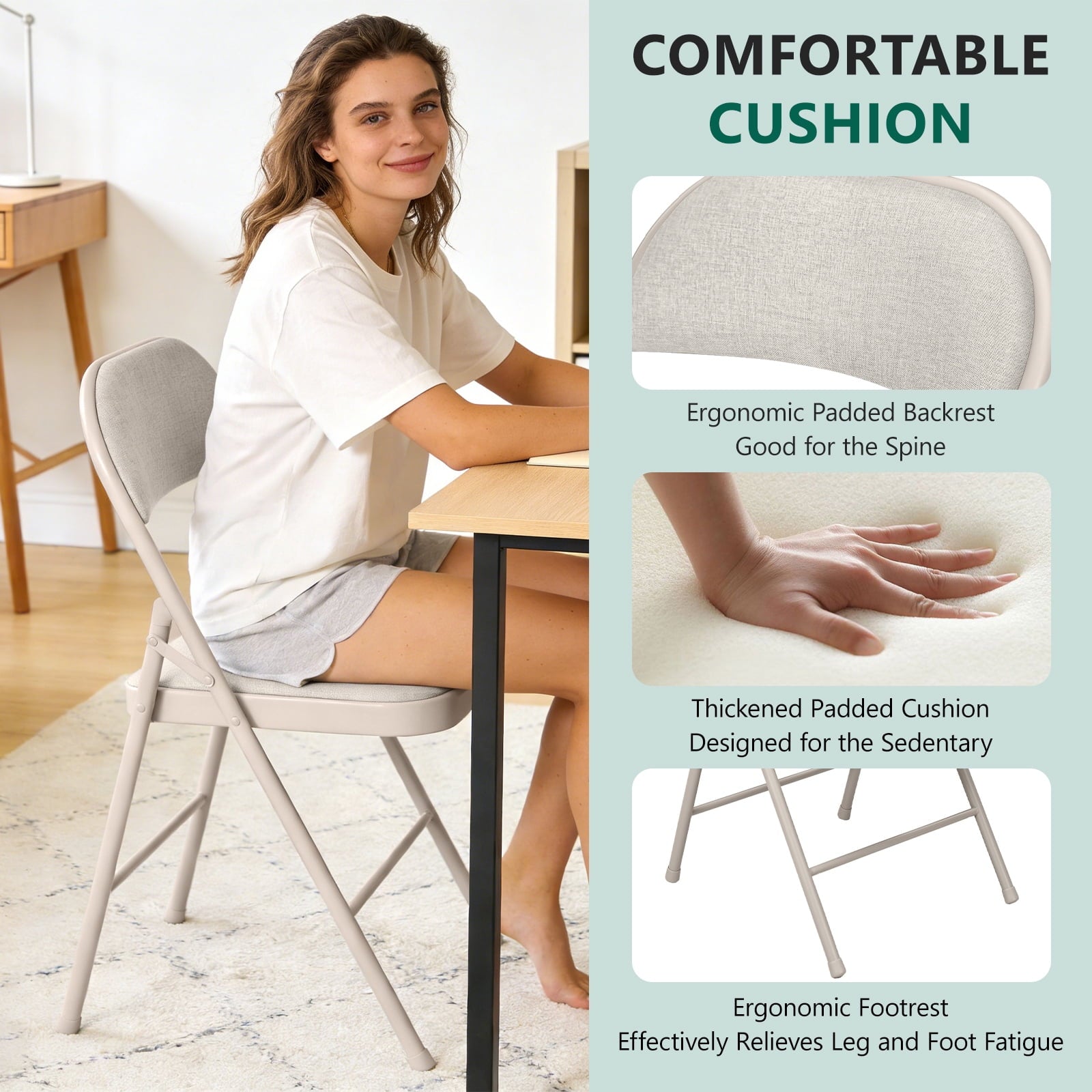 HaiCube 4-Pack Fabric Folding Chairs, Padded Seat & Back, Heavy Duty Metal Frame, Portable Foldable Chairs for Home, Party & Events, Beige