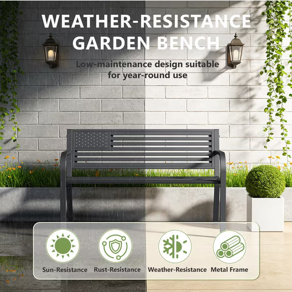 HaiCube Outdoor Bench with American Black Flag Backrest, Sturdy Cast Iron & Steel Frame, All-Weather Garden Patio Seating for Porch Deck Lawn Park
