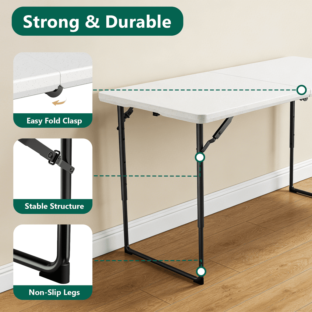 HaiCube 4FT Folding Table, Adjustable Height 23–29in, Heavy Duty Portable Table, Waterproof HDPE, Fold-in-Half for Picnic & Indoor, White