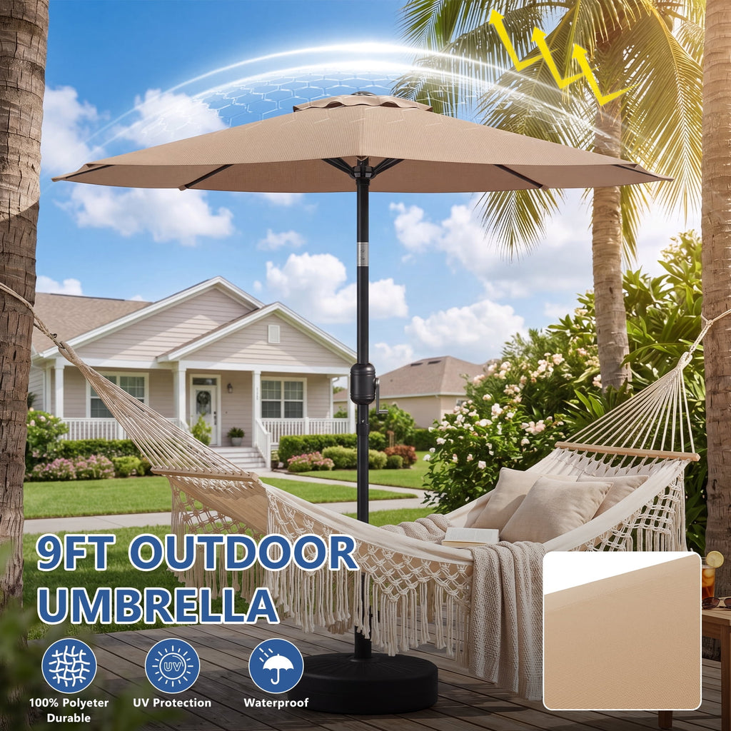 HaiCube 9FT Patio Umbrella -Acrylic Fabric, 10-Year Fade-Resistant, 1.5" Heavy Duty Steel Pole, 8 Ribs, Push Button Tilt & Crank, UV Block for Garden Deck Pool, Khaki