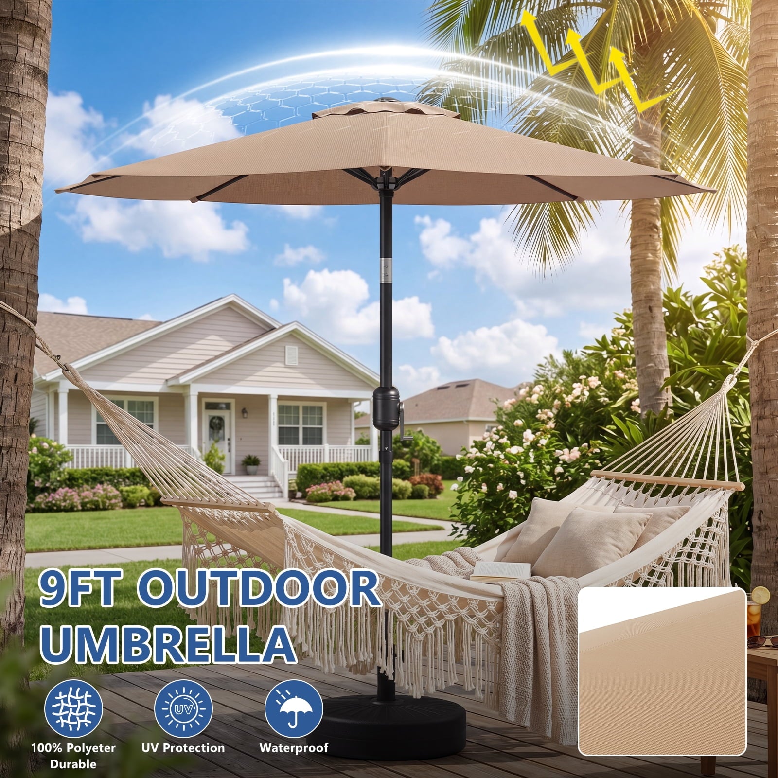 HaiCube 9FT Patio Umbrella -Acrylic Fabric, 10-Year Fade-Resistant, 1.5" Heavy Duty Steel Pole, 8 Ribs, Push Button Tilt & Crank, UV Block for Garden Deck Pool, Khaki