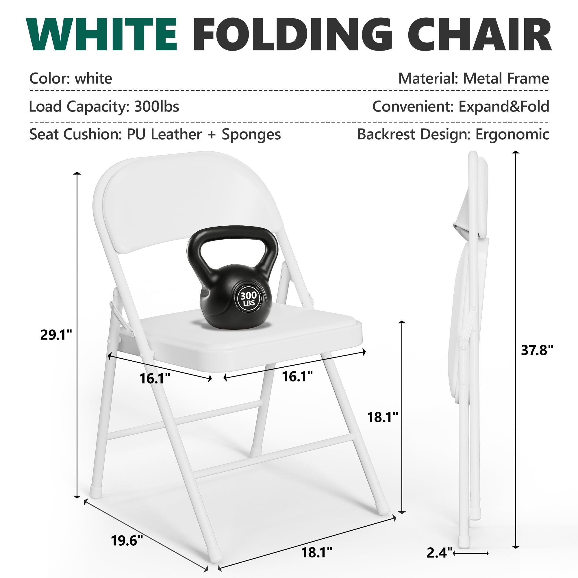 HaiCube 2-Pack PU Leather Padded Folding Chair, Heavy Duty Portable Folding Chair with Metal Frame, No Assembly Indoor Chair, White