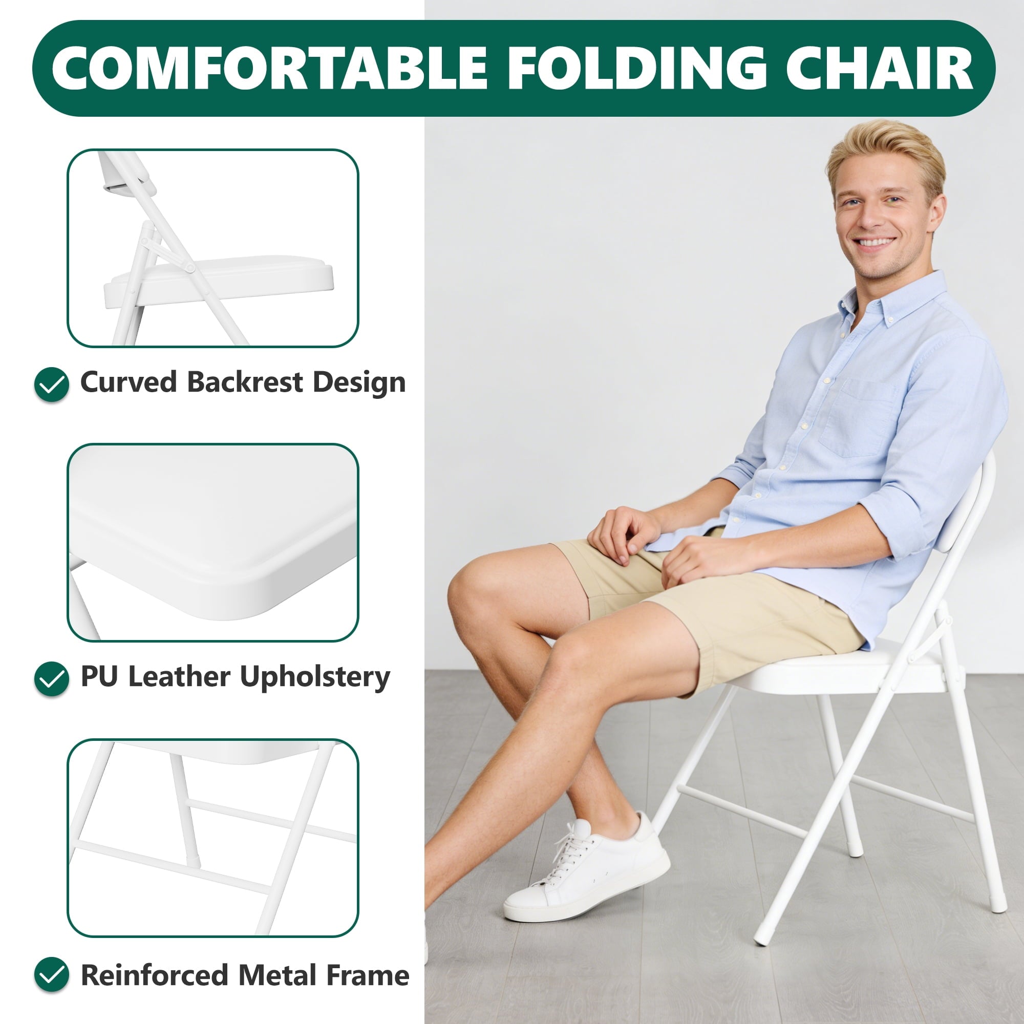 HaiCube 2-Pack PU Leather Padded Folding Chair, Heavy Duty Portable Folding Chair with Metal Frame, No Assembly Indoor Chair, White