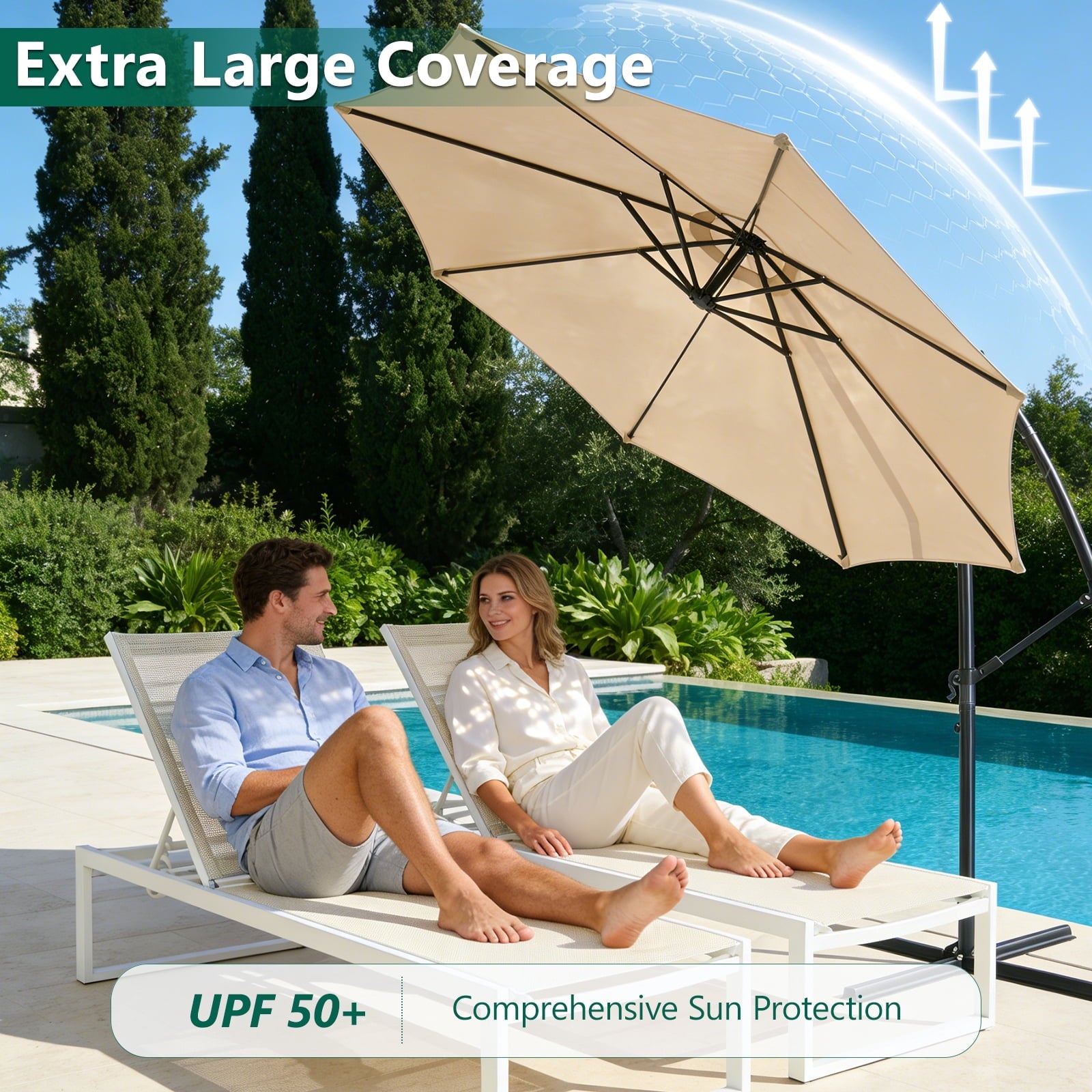 HaiCube 10Ft Offset Cantilever Patio Umbrella with 360° Rotation, Infinite Tilt & Crank Handle, for Garden, Lawn, Backyard, Poolside and Deck, Khaki