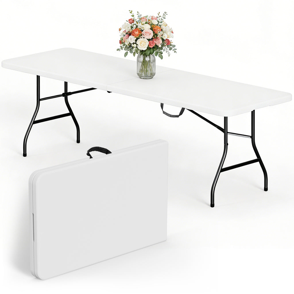 HaiCube 8 Foot Plastic Folding Table Portable Heavy Duty Rectangular Table with Carry Handle, Indoor Outdoor for Camping Picnic Party Dining, Black