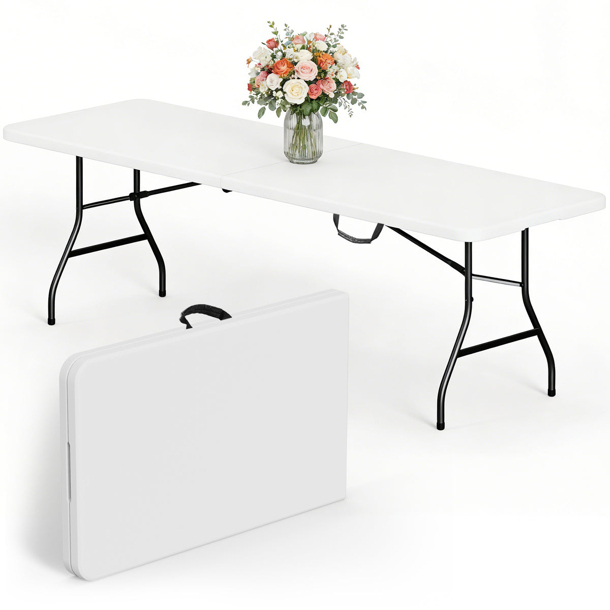 HaiCube 8 Foot Plastic Folding Table Portable Heavy Duty Rectangular Table with Carry Handle, Indoor Outdoor for Camping Picnic Party Dining, Black