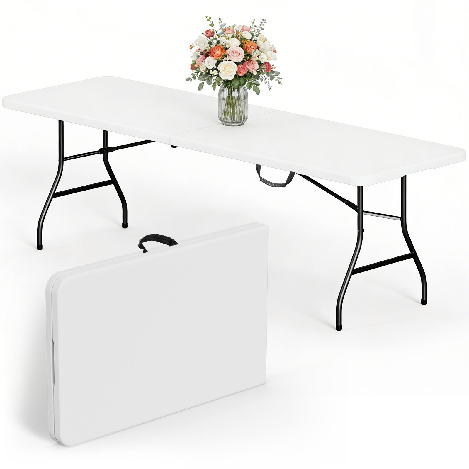 HaiCube 8 Foot Plastic Folding Table Portable Heavy Duty Rectangular Table with Carry Handle, Indoor Outdoor for Camping Picnic Party Dining, Black