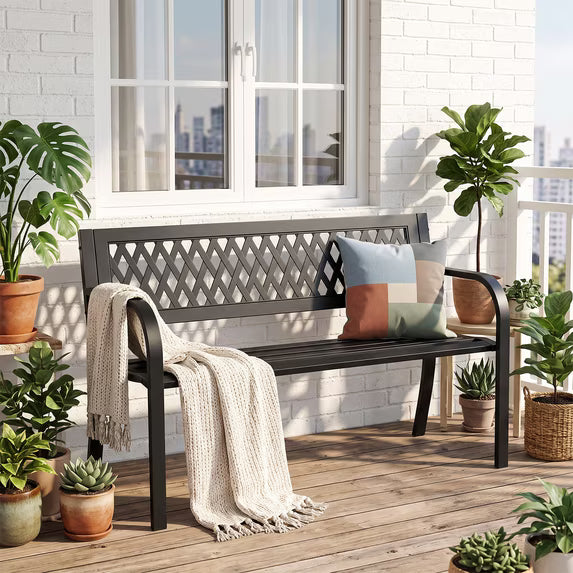 HaiCube Outdoor Metal Patio Garden Bench, Heavy‑Duty Grid Mesh Back Bench with Armrests, 500 lbs Load Capacity, Rust Weather‑Resistant for Yard Lawn Porch Entryway