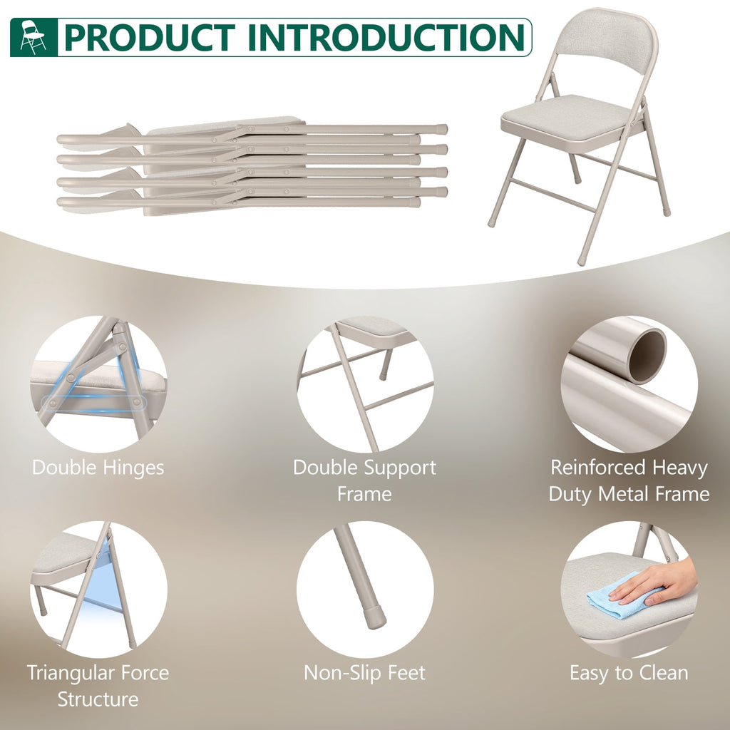 HaiCube 4-Pack Fabric Folding Chairs, Padded Seat & Back, Heavy Duty Metal Frame, Portable Foldable Chairs for Home, Party & Events, Beige
