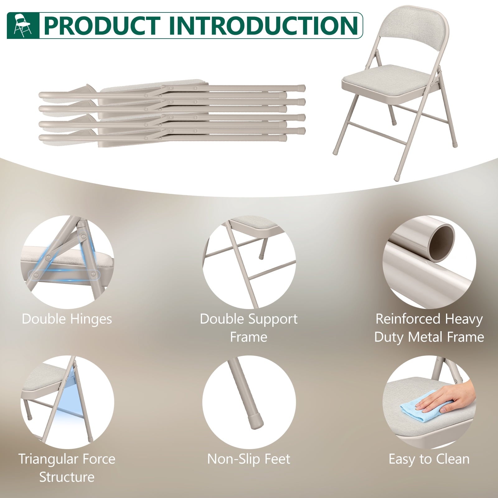 HaiCube 4-Pack Fabric Folding Chairs, Padded Seat & Back, Heavy Duty Metal Frame, Portable Foldable Chairs for Home, Party & Events, Beige