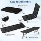 HaiCube 8 Foot Plastic Folding Table Portable Heavy Duty Rectangular Table with Carry Handle, Indoor Outdoor for Camping Picnic Party Dining, Black