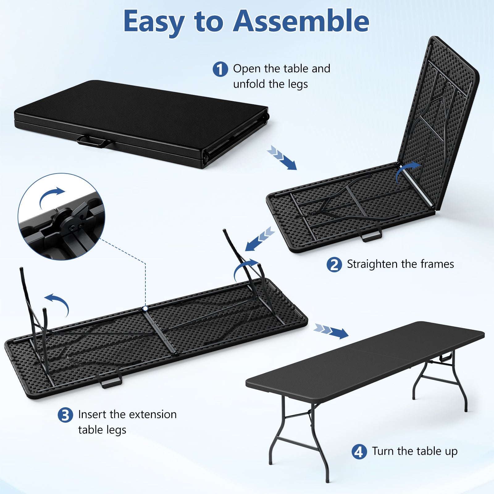 HaiCube 8 Foot Plastic Folding Table Portable Heavy Duty Rectangular Table with Carry Handle, Indoor Outdoor for Camping Picnic Party Dining, Black