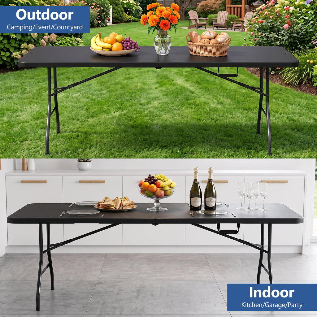HaiCube 8 Foot Plastic Folding Table Portable Heavy Duty Rectangular Table with Carry Handle, Indoor Outdoor for Camping Picnic Party Dining, Black