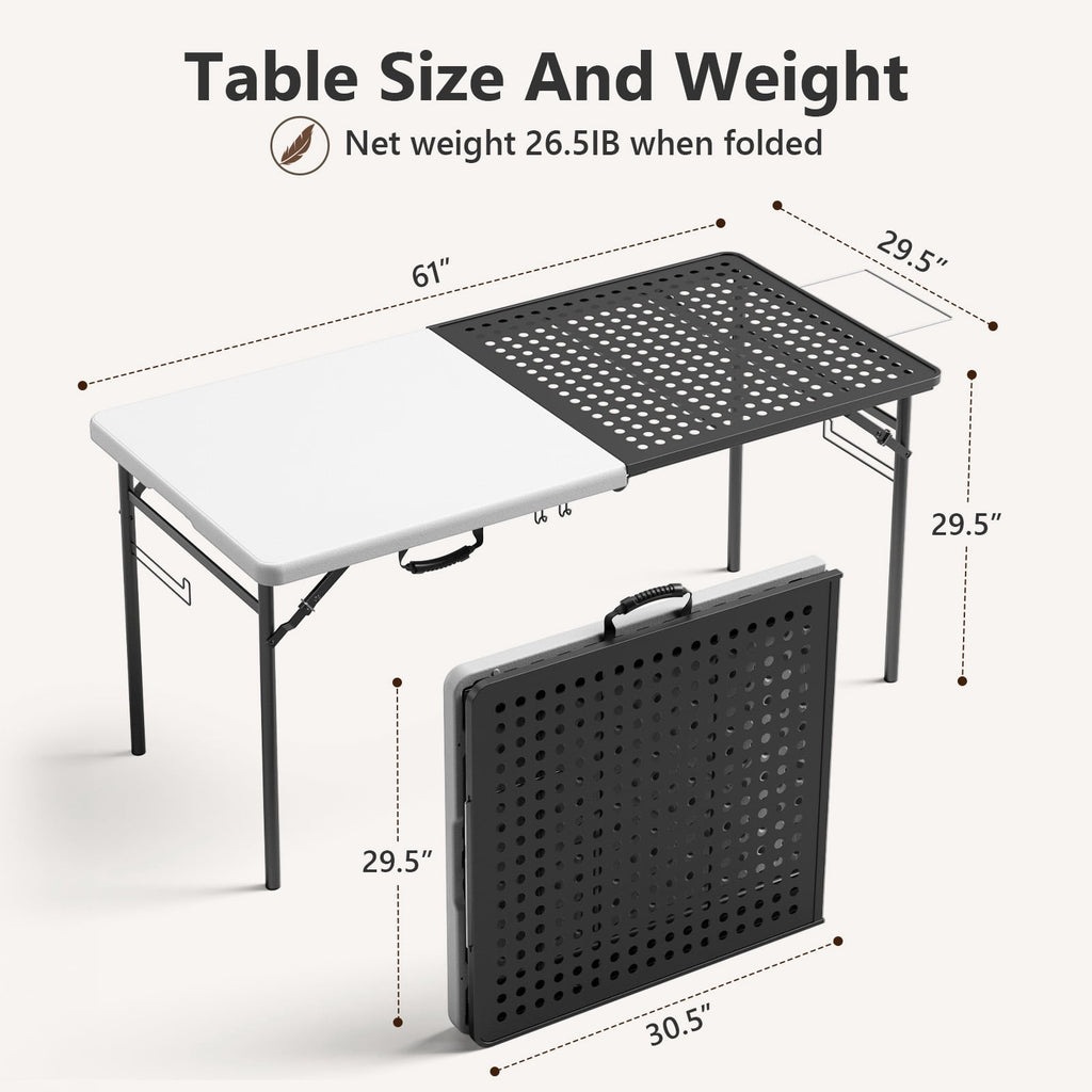 HaiCube 5FT Folding Grill Table, Portable Outdoor Camping Prep Station with Metal Mesh Top, Utility Hooks & Storage Rack, Heavy Duty Cooking Table for BBQ, Tailgating, Picnic, Patio