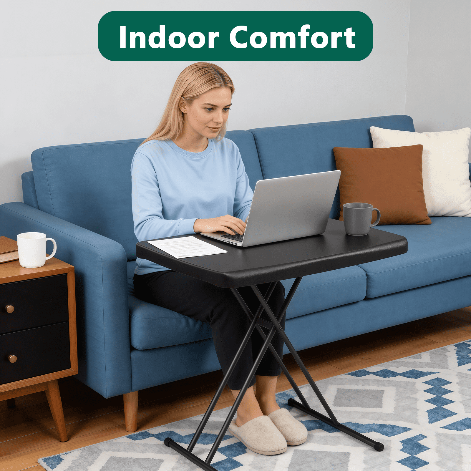 HaiCube Adjustable Height Folding TV Tray Table, Tool-Free Snap-On Setup, Portable Folding Table for Living Room, Camping & Small Spaces, Black