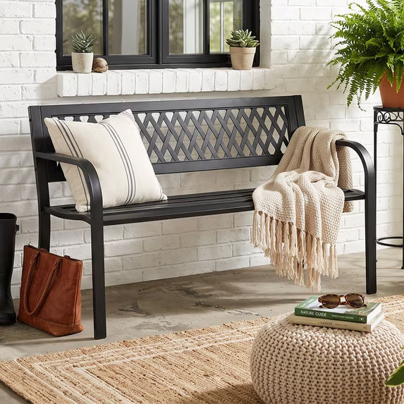 HaiCube Outdoor Metal Patio Garden Bench, Heavy‑Duty Grid Mesh Back Bench with Armrests, 500 lbs Load Capacity, Rust Weather‑Resistant for Yard Lawn Porch Entryway