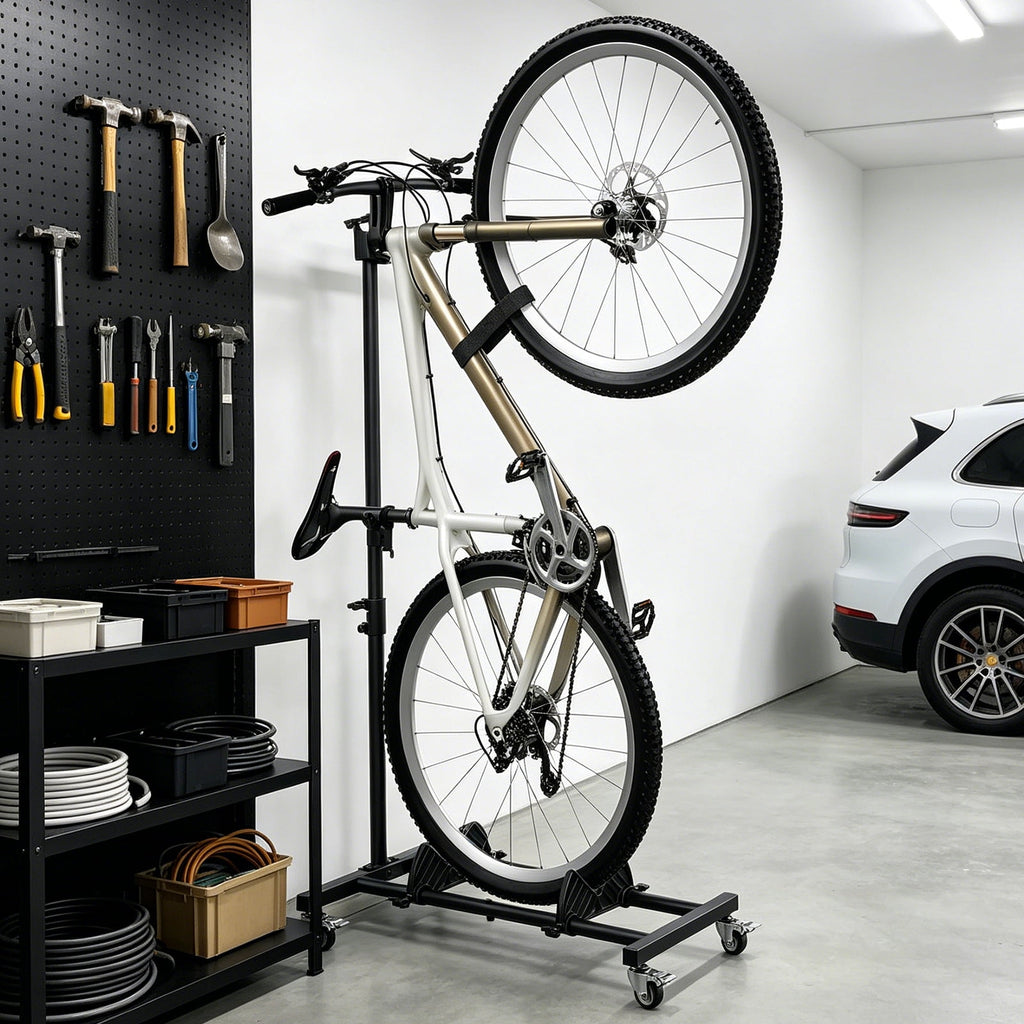 HaiCube Vertical Bike Stand, Fits Wheels Up to 29 Inch, Freestanding Space-Saving Bike Rack with Weels, Adjustable Height Upright Bicycle Floor Holder, No Drilling
