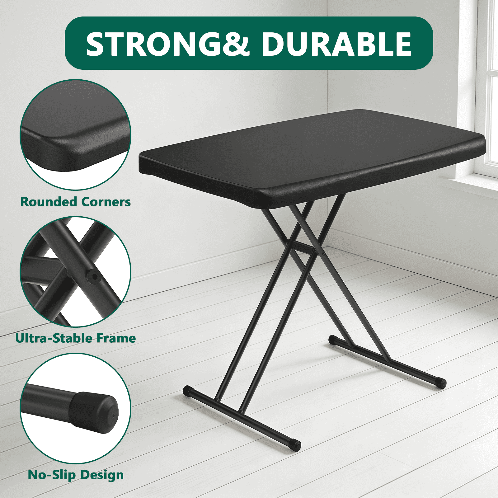 HaiCube Adjustable Height Folding TV Tray Table, Tool-Free Snap-On Setup, Portable Folding Table for Living Room, Camping & Small Spaces, Black
