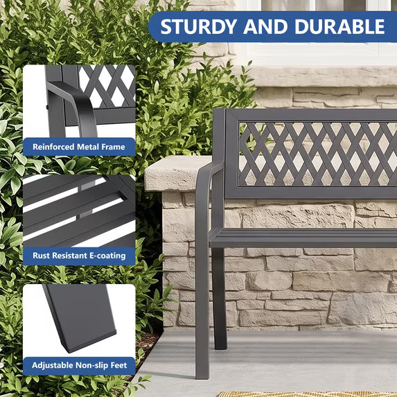 HaiCube Outdoor Metal Patio Garden Bench, Heavy‑Duty Grid Mesh Back Bench with Armrests, 500 lbs Load Capacity, Rust Weather‑Resistant for Yard Lawn Porch Entryway