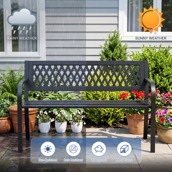 HaiCube Outdoor Metal Patio Garden Bench, Heavy‑Duty Grid Mesh Back Bench with Armrests, 500 lbs Load Capacity, Rust Weather‑Resistant for Yard Lawn Porch Entryway