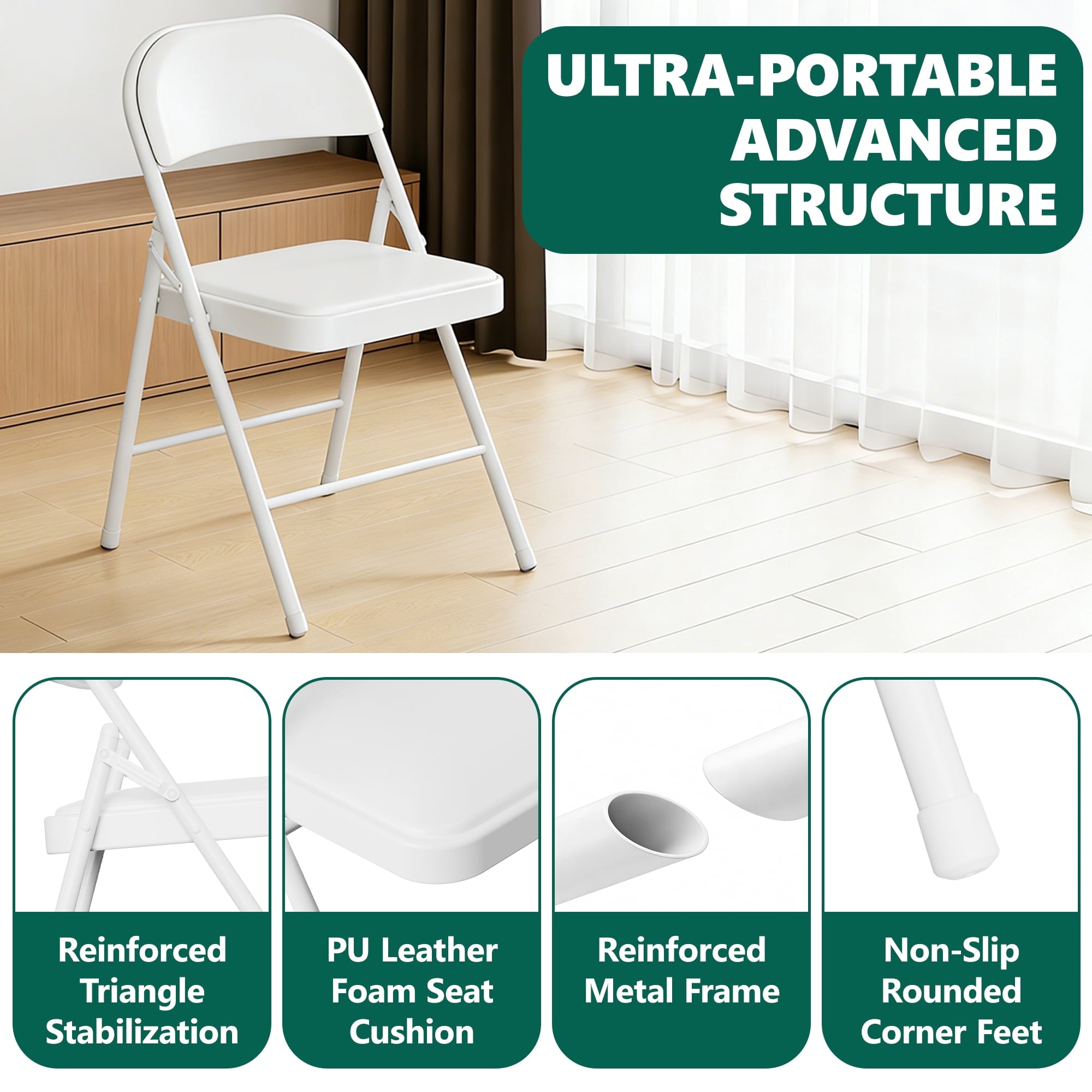 HaiCube 2-Pack PU Leather Padded Folding Chair, Heavy Duty Portable Folding Chair with Metal Frame, No Assembly Indoor Chair, White