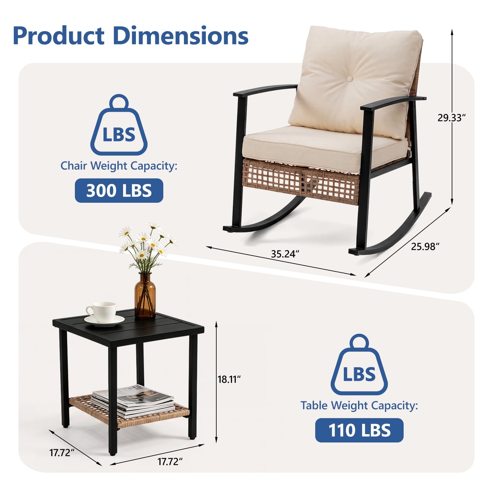 HaiCube 3 Pieces Wicker Rocking Chairs Set with 2-Tier Coffee Table, Patio Conversation Furniture Set with Cushions for Balcony, Porch, Garden, Backyard, Poolside, Beige