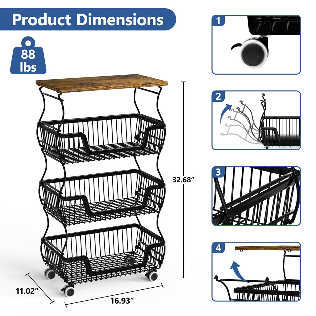 HaiCube 4-Tier Metal Wire Rolling Cart with Wheels, Stackable Storage Organizer Cart with Top Shelf for Pantry, Kitchen Fruit Snack Book Storage Rack