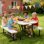 HaiCube Small Picnic Table with 2 Benches, HDPE Picnic Table Set with Reinforced Steel Frame, Heavy Duty Plastic Tabletop for Patio, Camping & Party