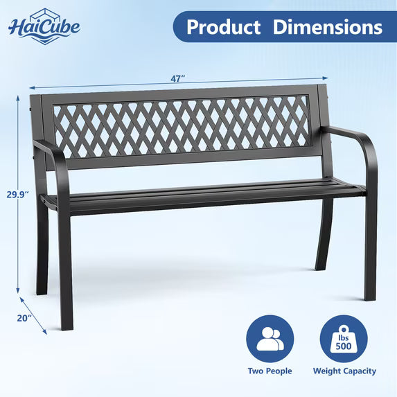 HaiCube Outdoor Metal Patio Garden Bench, Heavy‑Duty Grid Mesh Back Bench with Armrests, 500 lbs Load Capacity, Rust Weather‑Resistant for Yard Lawn Porch Entryway