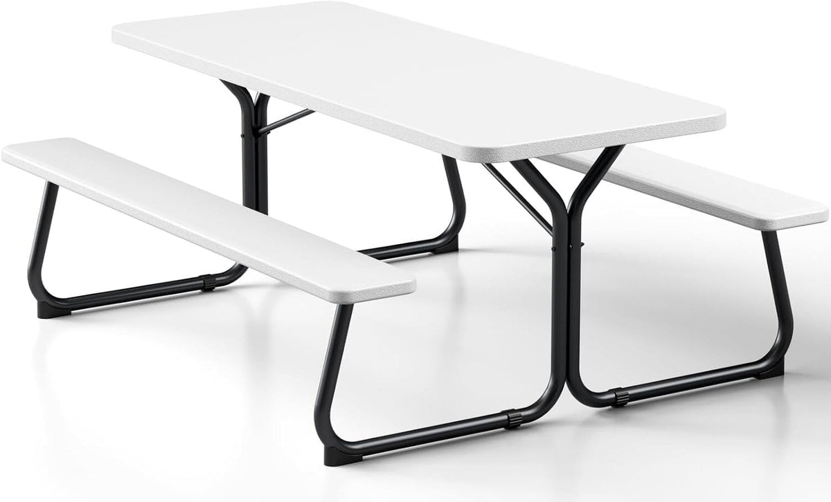 6 FT Picnic Table with Attached Benches, Outdoor Picnic Bench Table for 8 People, Heavy Duty Steel Frame, 600 LBS Weight Capacity, Patio Dining Table for Backyard, Park, Garden, School