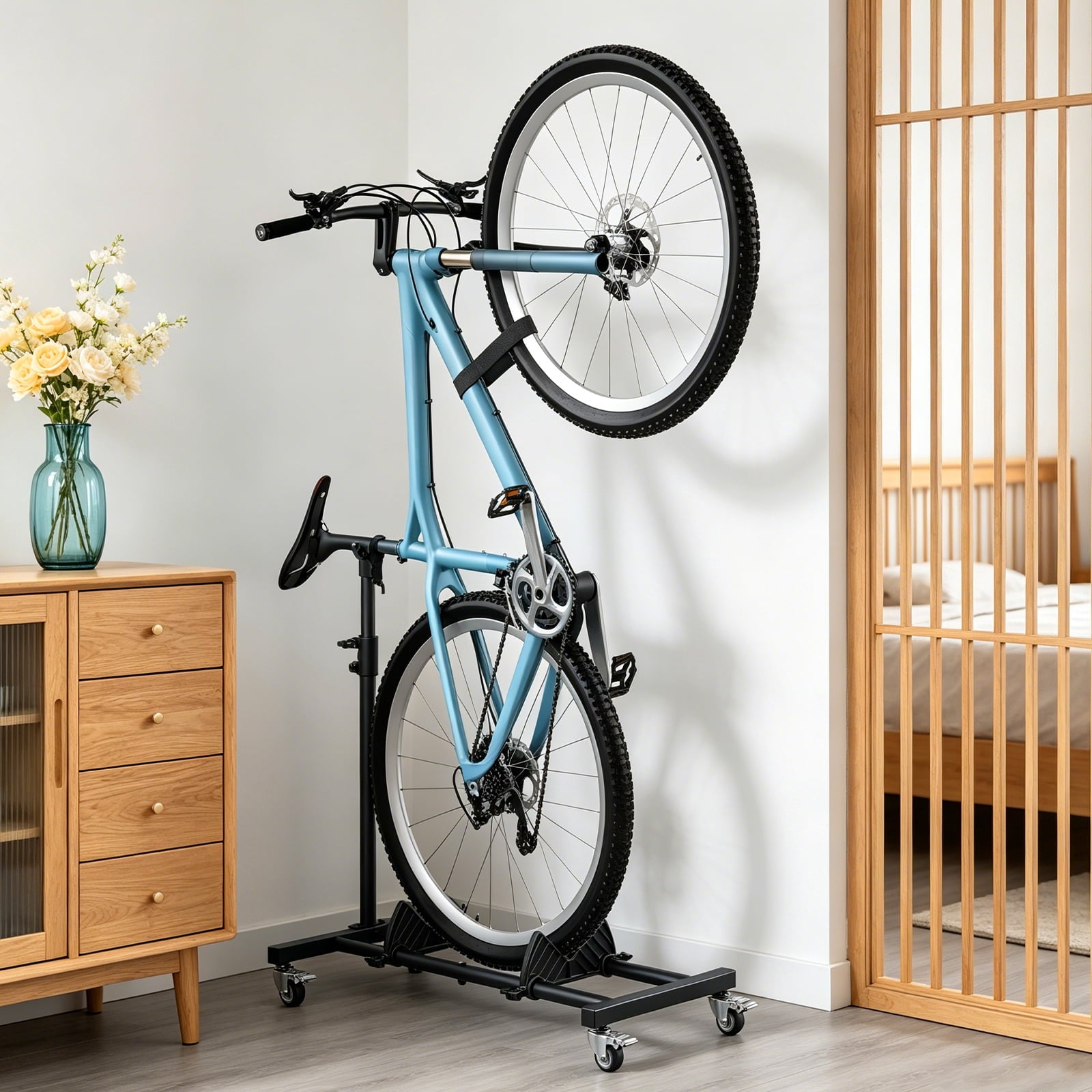 HaiCube Vertical Bike Stand, Fits Wheels Up to 29 Inch, Freestanding Space-Saving Bike Rack with Weels, Adjustable Height Upright Bicycle Floor Holder, No Drilling