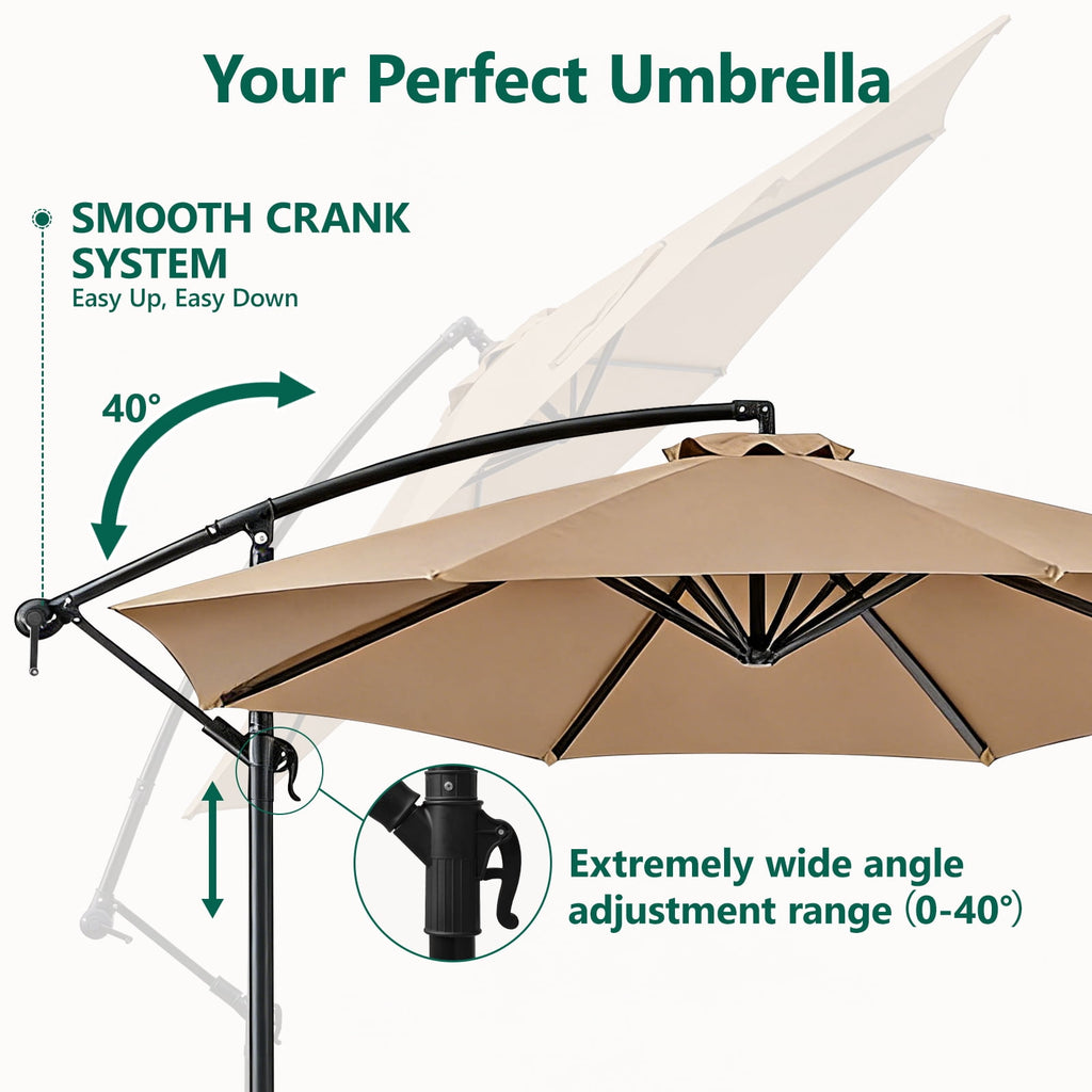 HaiCube 10Ft Offset Cantilever Patio Umbrella with 360° Rotation, Infinite Tilt & Crank Handle, for Garden, Lawn, Backyard, Poolside and Deck, Khaki