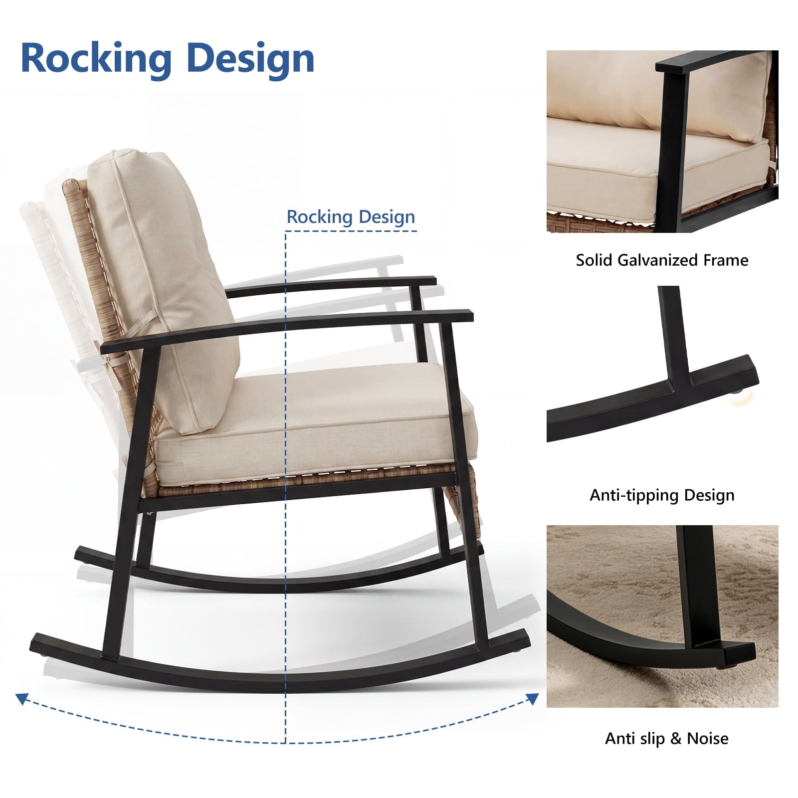 HaiCube 3 Pieces Wicker Rocking Chairs Set with 2-Tier Coffee Table, Patio Conversation Furniture Set with Cushions for Balcony, Porch, Garden, Backyard, Poolside, Beige