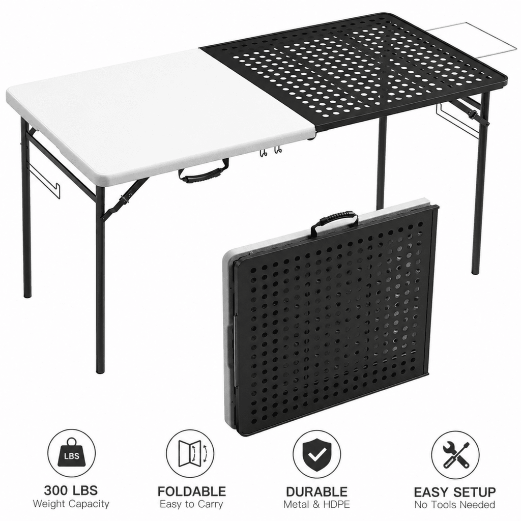 HaiCube 5FT Folding Grill Table, Portable Outdoor Camping Prep Station with Metal Mesh Top, Utility Hooks & Storage Rack, Heavy Duty Cooking Table for BBQ, Tailgating, Picnic, Patio