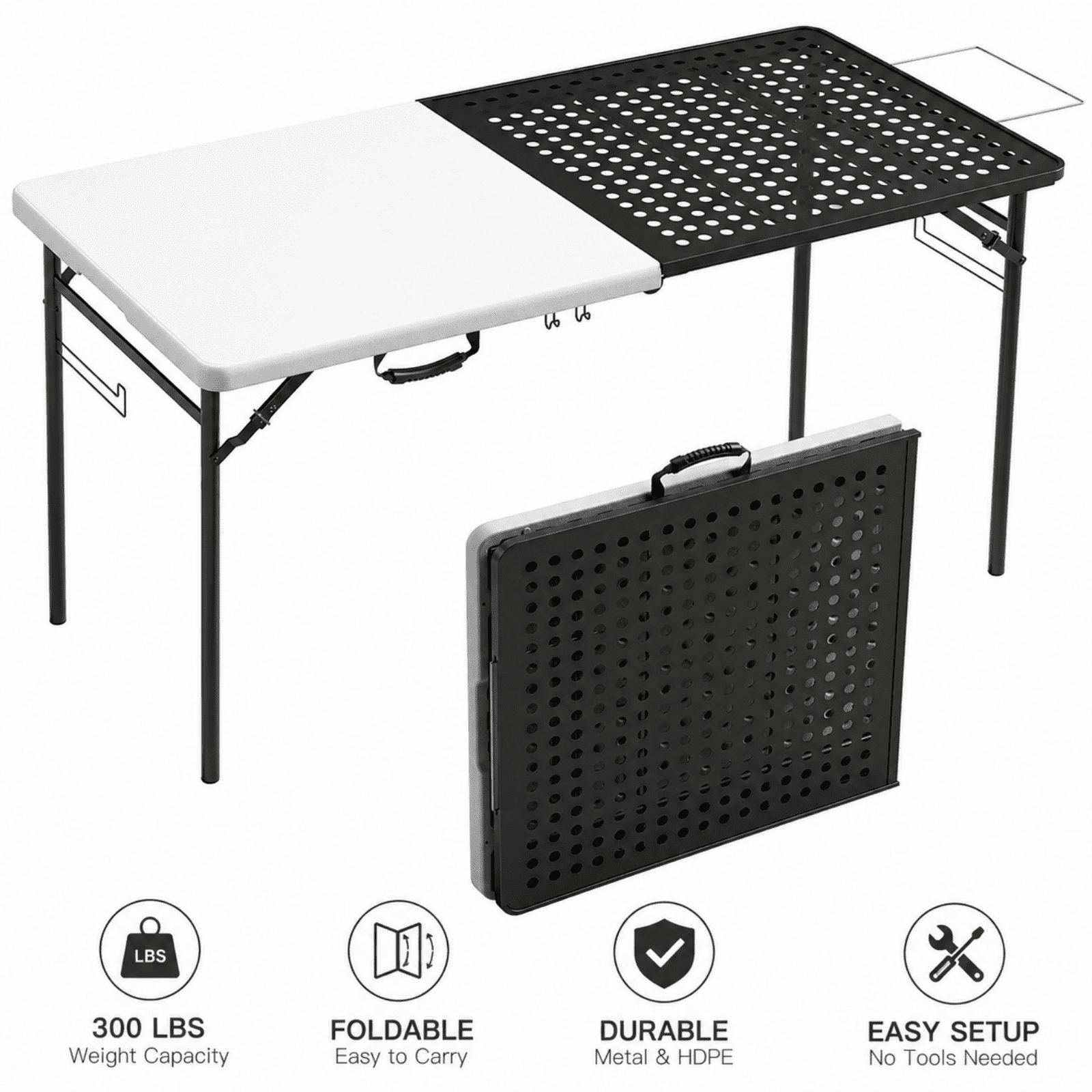 HaiCube 5FT Folding Grill Table, Portable Outdoor Camping Prep Station with Metal Mesh Top, Utility Hooks & Storage Rack, Heavy Duty Cooking Table for BBQ, Tailgating, Picnic, Patio