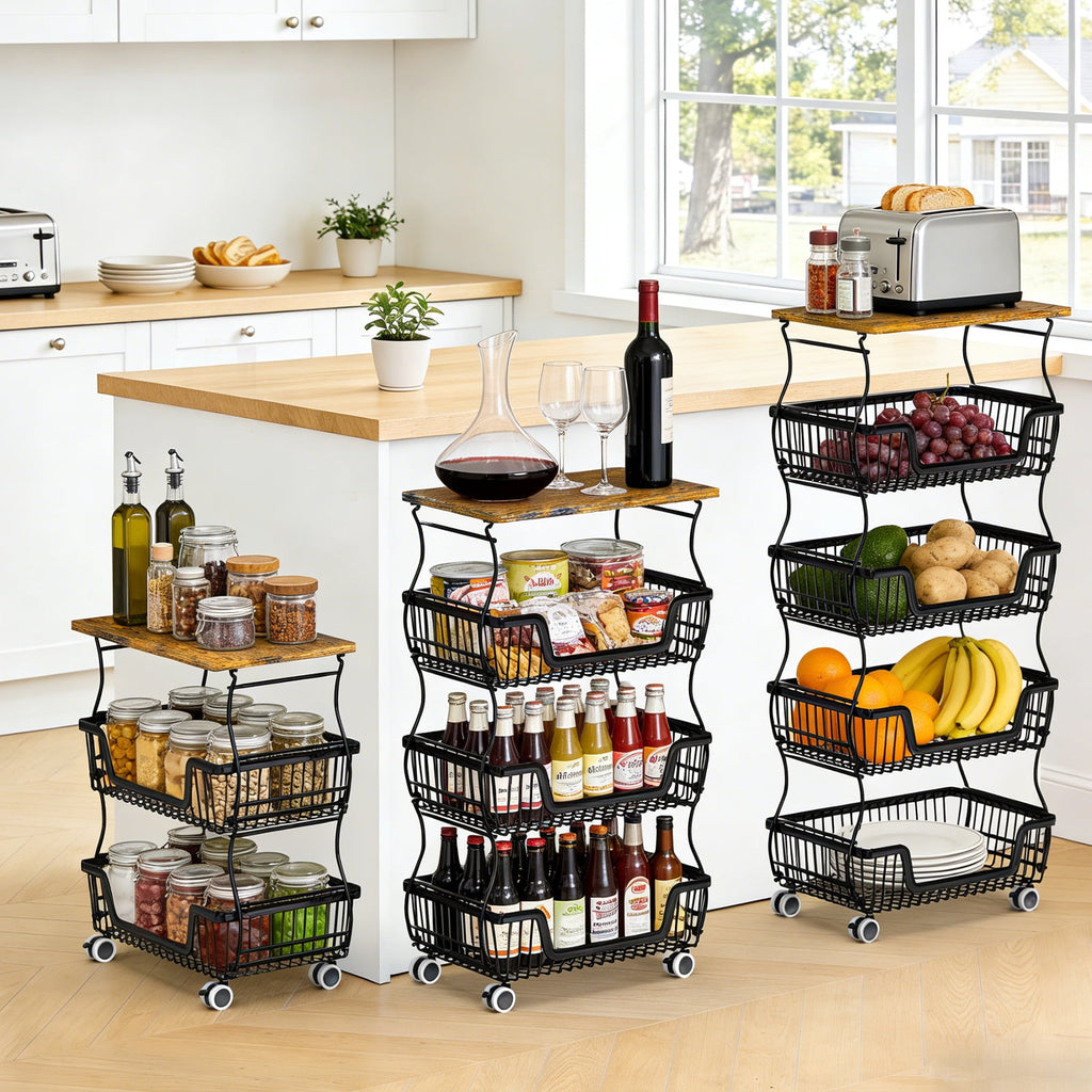 HaiCube 4-Tier Metal Wire Rolling Cart with Wheels, Stackable Storage Organizer Cart with Top Shelf for Pantry, Kitchen Fruit Snack Book Storage Rack