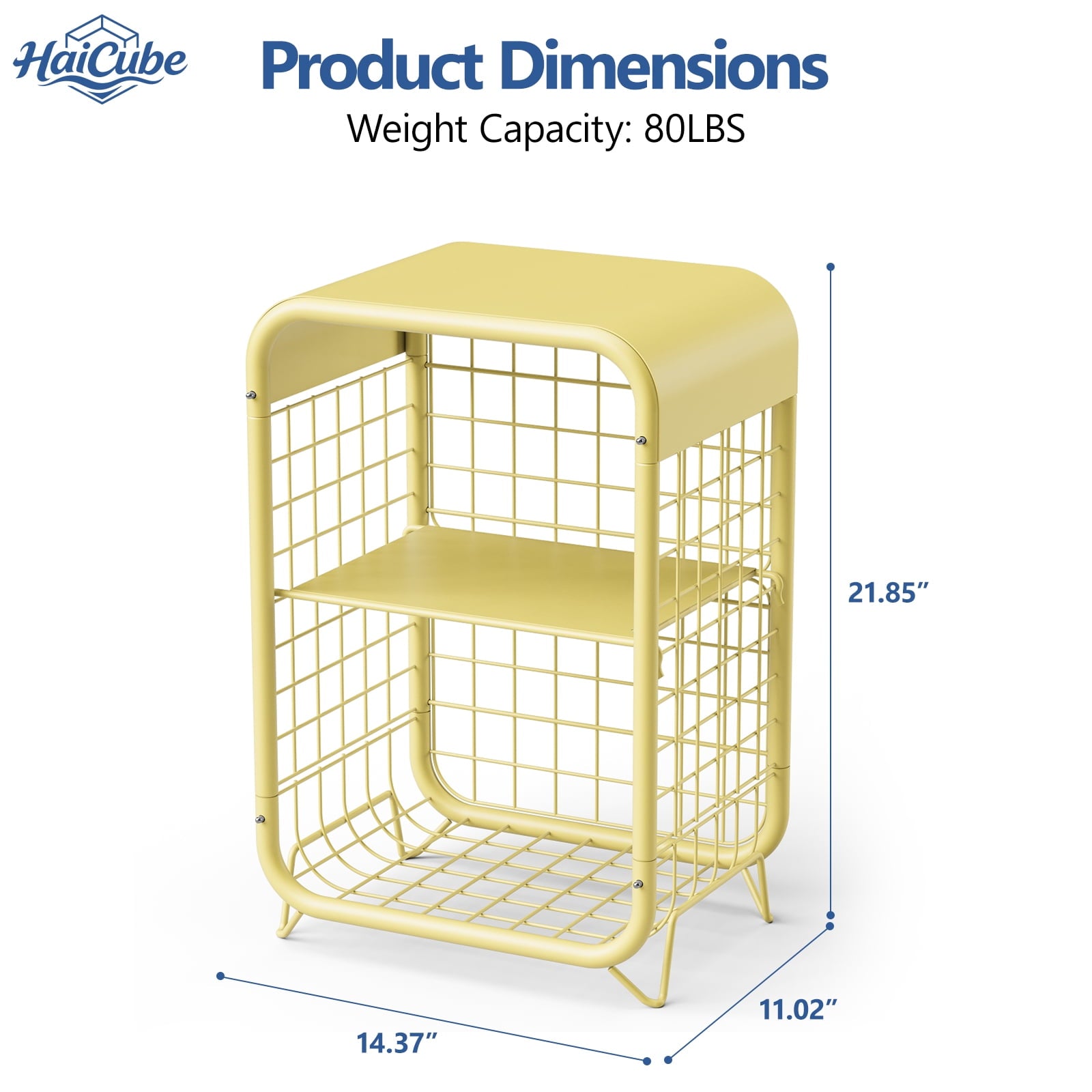 HaiCube 3-Tier Metal Side Table, Modern Small Nightstand with Storage Shelf, Cute Decor End Table for Bedroom, Living Room, Dorm, Yellow