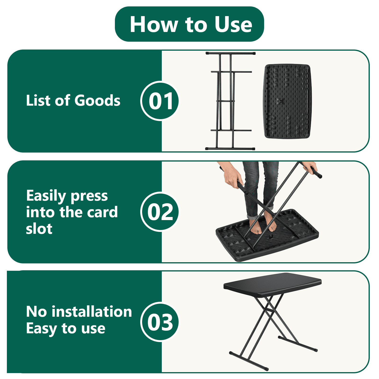 HaiCube Adjustable Height Folding TV Tray Table, Tool-Free Snap-On Setup, Portable Folding Table for Living Room, Camping & Small Spaces, Black