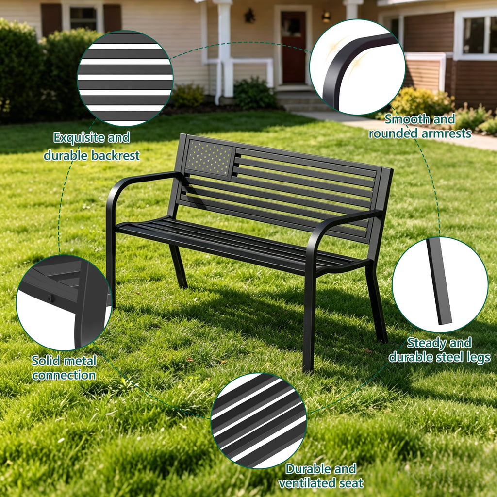 HaiCube Outdoor Bench with American Flag Backrest, Sturdy Cast Iron & Steel Frame, All-Weather Garden Patio Seating for Porch Deck Lawn Park, Black