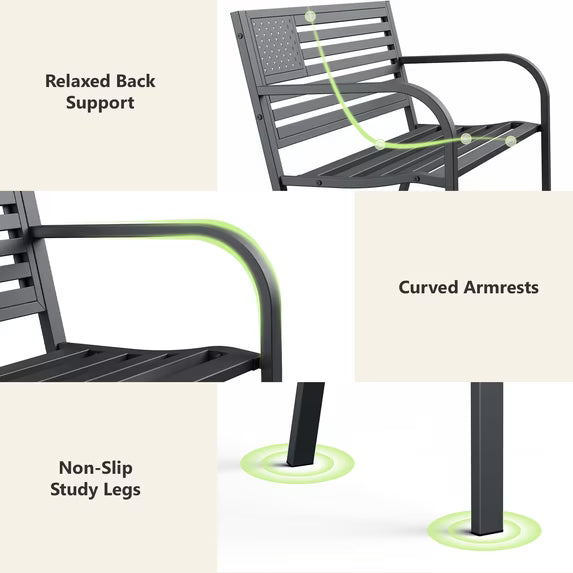 HaiCube Outdoor Bench with American Black Flag Backrest, Sturdy Cast Iron & Steel Frame, All-Weather Garden Patio Seating for Porch Deck Lawn Park