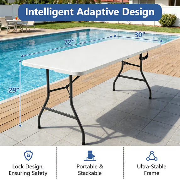 HaiCube 6FT Folding Table, 72" x 30" Extra Wide Heavy Duty Portable Table, Waterproof HDPE Plastic, Foldable Picnic Table for Camping, BBQ, Party, Dining, Indoor & Outdoor, White, 2 Pack