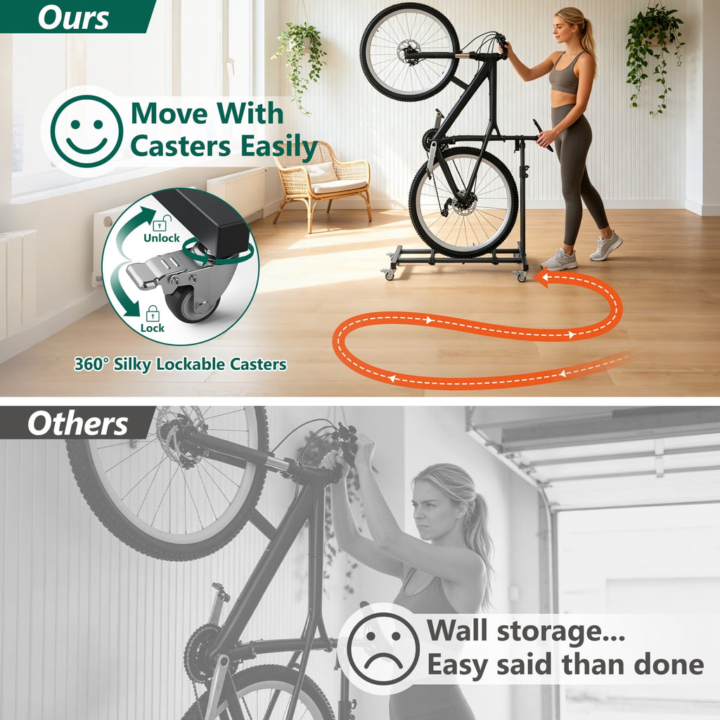 HaiCube Vertical Bike Stand, Fits Wheels Up to 29 Inch, Freestanding Space-Saving Bike Rack with Weels, Adjustable Height Upright Bicycle Floor Holder, No Drilling