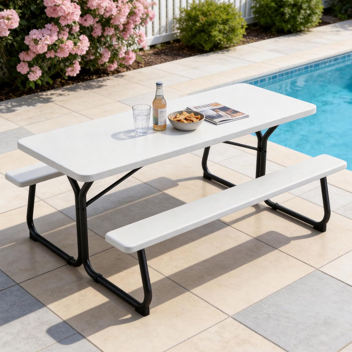 6 FT Picnic Table with Attached Benches, Outdoor Picnic Bench Table for 8 People, Heavy Duty Steel Frame, 600 LBS Weight Capacity, Patio Dining Table for Backyard, Park, Garden, School