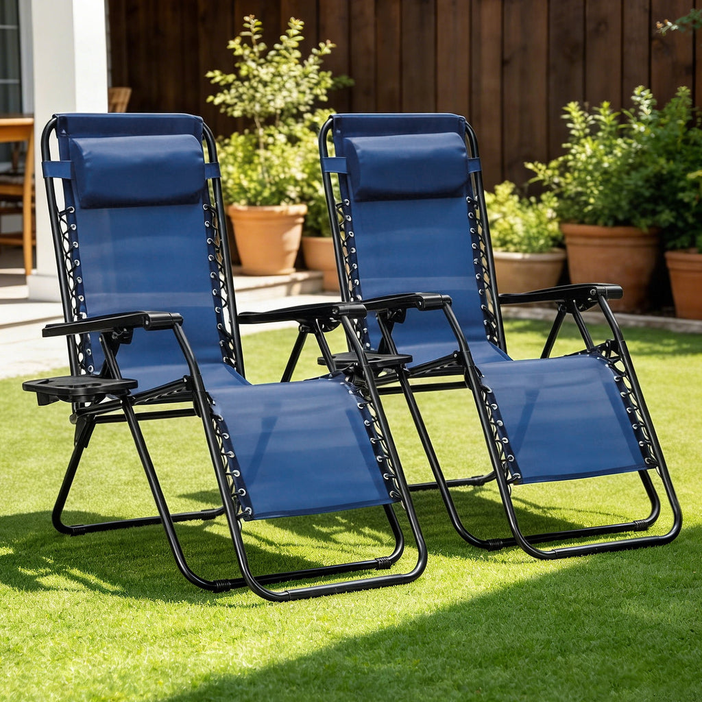 HaiCube Zero Gravity Chair Set of 2, Adjustable Reclining Outdoor Lounge Chairs with Cup Holder Tray & Headrest, Portable Folding Patio Chairs for Camping, Pool, Backyard, Blue