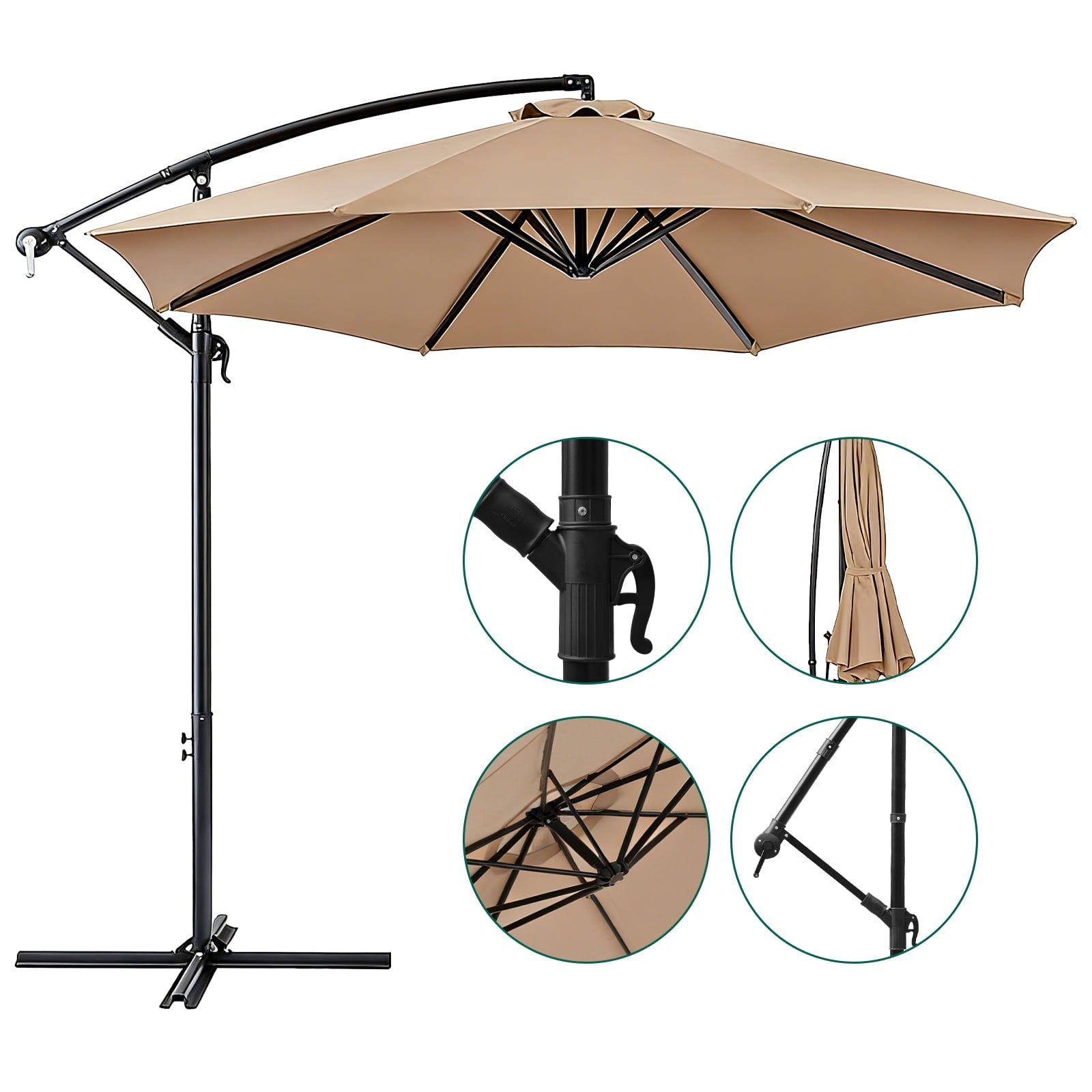 HaiCube 10Ft Offset Cantilever Patio Umbrella with 360° Rotation, Infinite Tilt & Crank Handle, for Garden, Lawn, Backyard, Poolside and Deck, Khaki