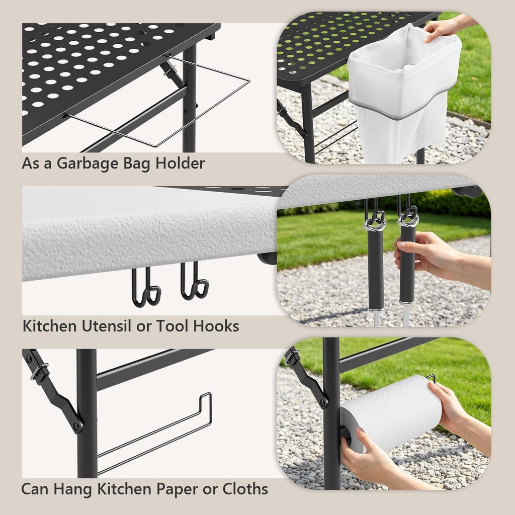 HaiCube 5FT Folding Grill Table, Portable Outdoor Camping Prep Station with Metal Mesh Top, Utility Hooks & Storage Rack, Heavy Duty Cooking Table for BBQ, Tailgating, Picnic, Patio