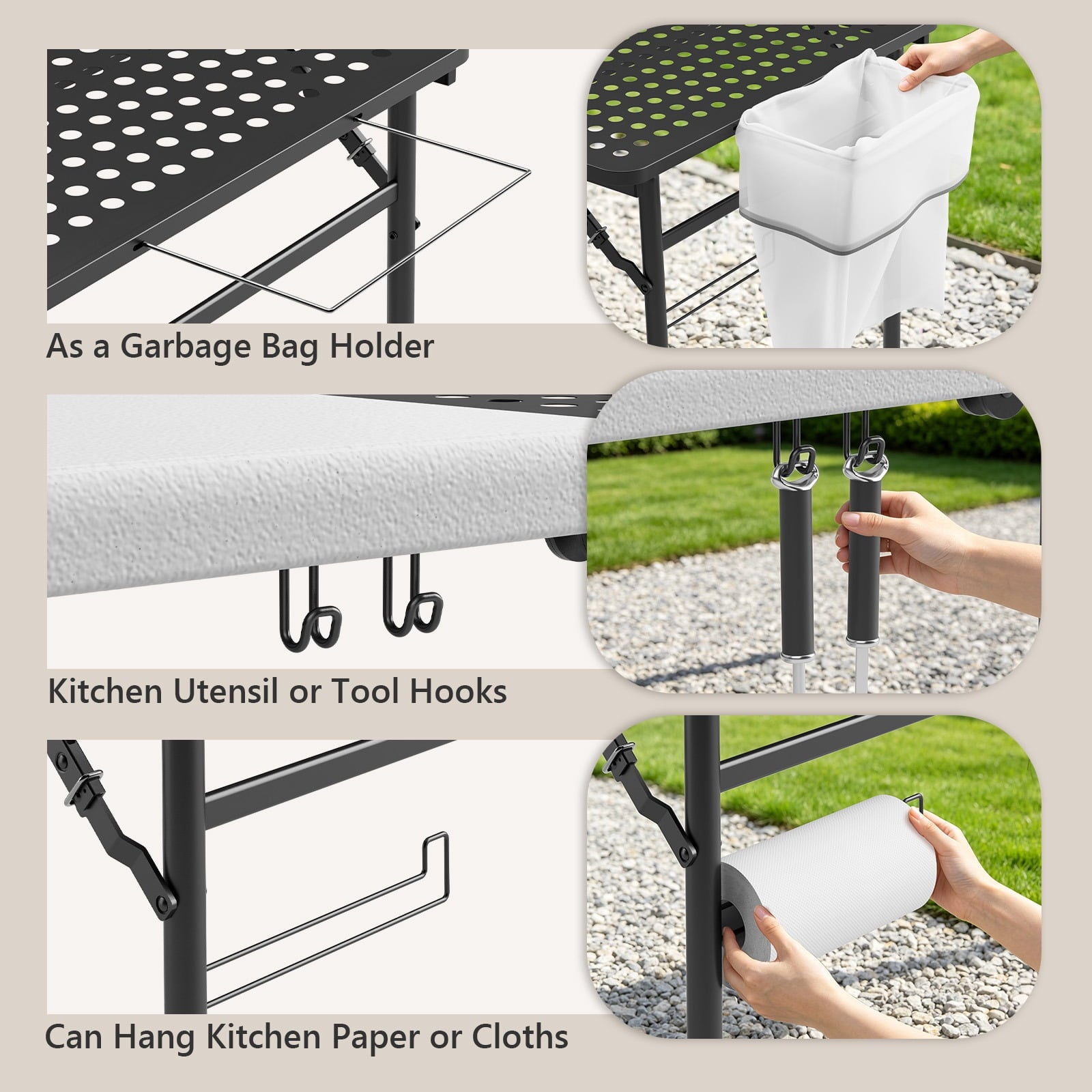 HaiCube 5FT Folding Grill Table, Portable Outdoor Camping Prep Station with Metal Mesh Top, Utility Hooks & Storage Rack, Heavy Duty Cooking Table for BBQ, Tailgating, Picnic, Patio