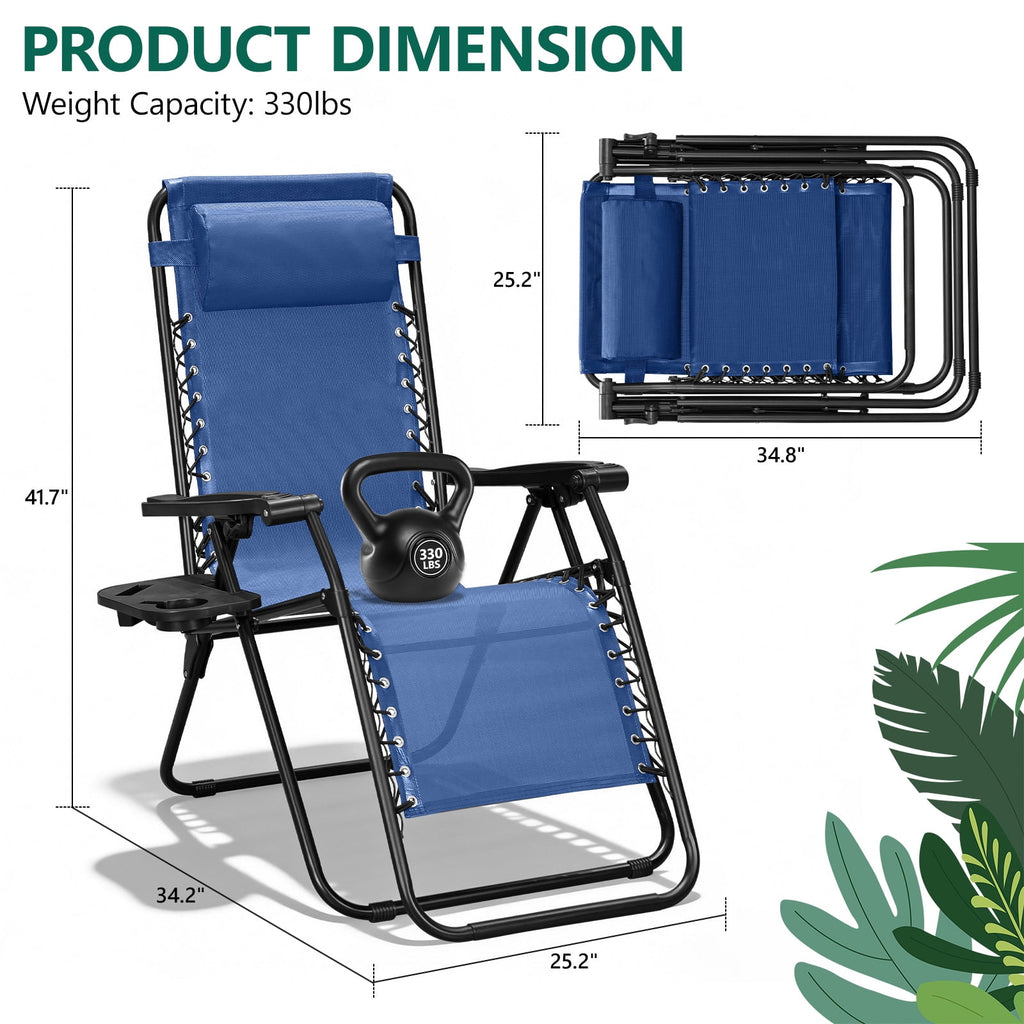 HaiCube Zero Gravity Chair Set of 2, Adjustable Reclining Outdoor Lounge Chairs with Cup Holder Tray & Headrest, Portable Folding Patio Chairs for Camping, Pool, Backyard, Blue