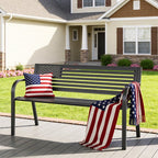HaiCube Outdoor Bench with American Black Flag Backrest, Sturdy Cast Iron & Steel Frame, All-Weather Garden Patio Seating for Porch Deck Lawn Park