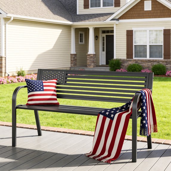 HaiCube Outdoor Bench with American Black Flag Backrest, Sturdy Cast Iron & Steel Frame, All-Weather Garden Patio Seating for Porch Deck Lawn Park